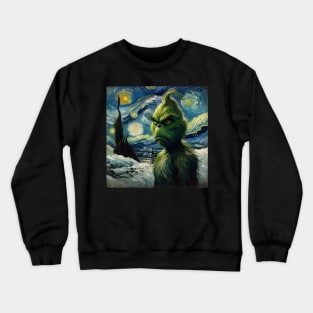 Whimsical Night: Mischievous Green Character - Starry Night Inspired Holiday Art Crewneck Sweatshirt